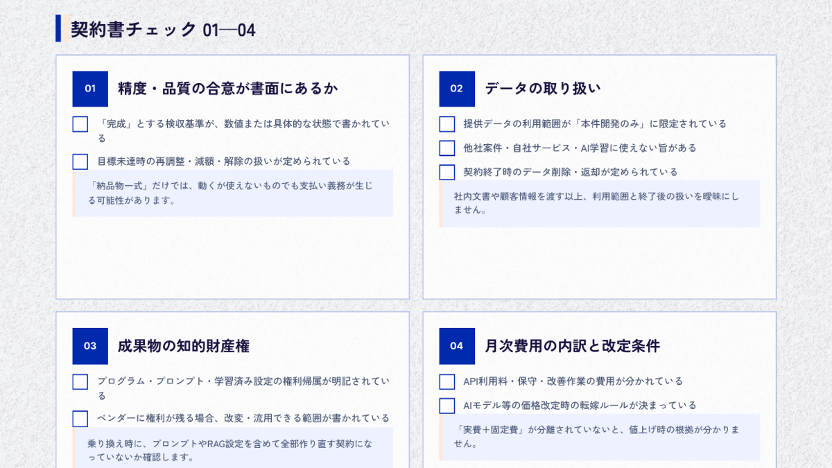 AI開発 契約書チェックリスト：契約チェック01〜04