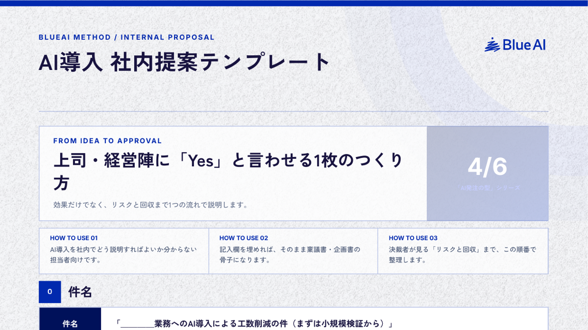 AI導入 社内提案テンプレート：資料の表紙と使い方